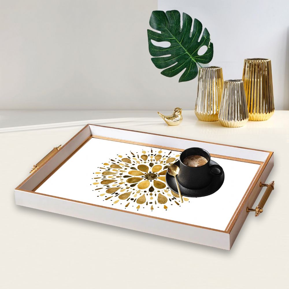 Cam Beyaz Alt�n �er�eveli Tepsi